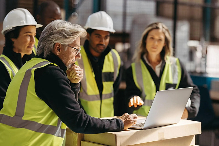 People in construction vests looking at laptop