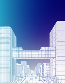 A line drawing of two buildings joined by a bridge above a city street