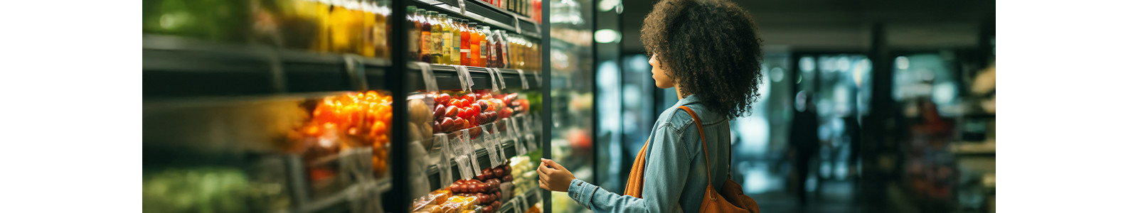 A woman examines a refrigerator stocked with an array of colorful fruits and vegetables.