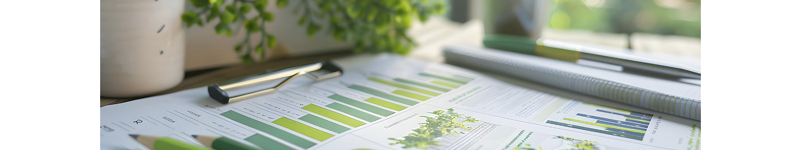 A desk showcasing  a sheet of paper printed with greenish chart bar