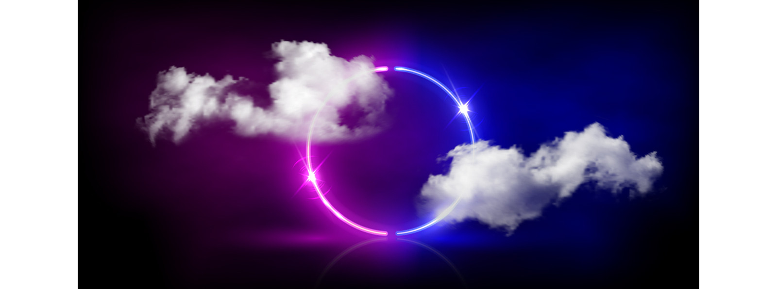 A circle with shiny blue and violet color sightly covered with clouds.