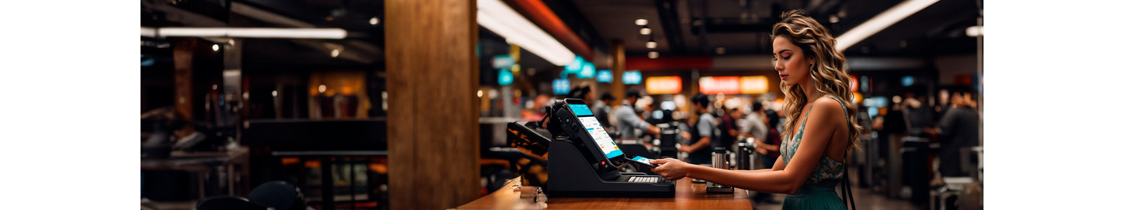 A woman interacting with a payment screen