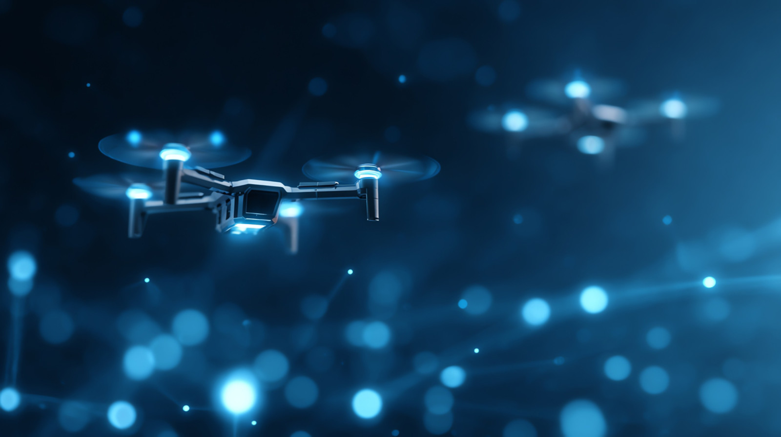 Two advanced drones fly amidst a backdrop of glowing blue particles, showcasing the future of aerial technology and innovation.