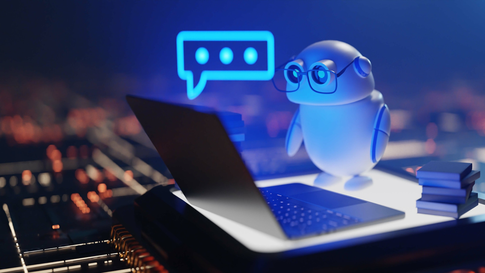 Cute Conversational copilot AI robot with speech bubble, 3d rendering