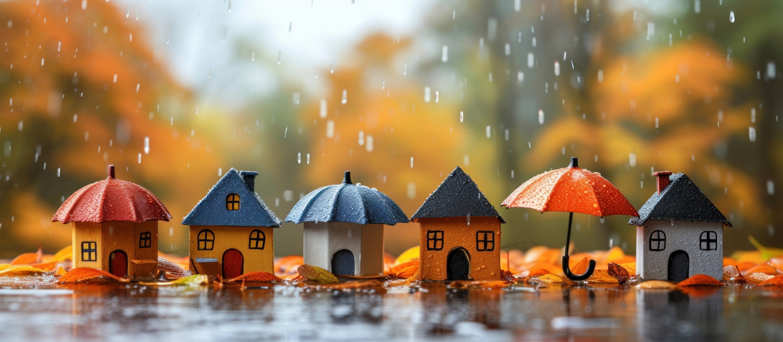 individuals holding small umbrellas and sample homes