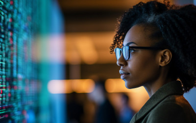 A women is watching data in the display