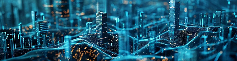 A city landscape with digital  waves likes structure connecting buildings