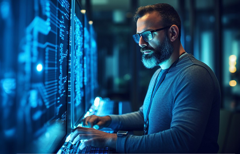 hombre con gafas mirando una pantalla llena de datos