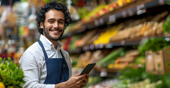 Grocery store staff member using tablet near fresh produce shelves