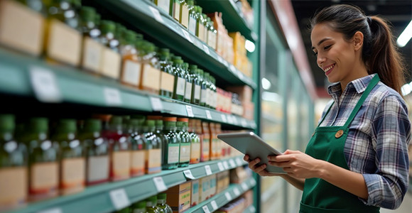Retail employee scanning shelf products using tablet inside grocery store