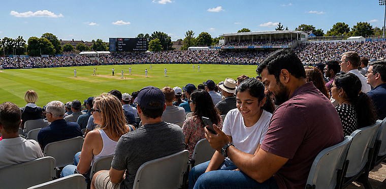 A large crowd enjoys a sunny day at a cricket match. A smiling man and woman in the foreground look at a phone