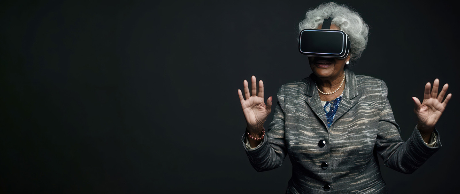 An older woman is wearing a VR headset