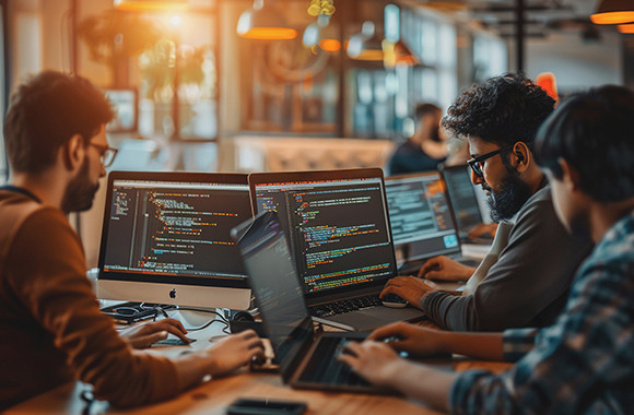 A diverse group of professionals collaborating at computers in a modern office environment.