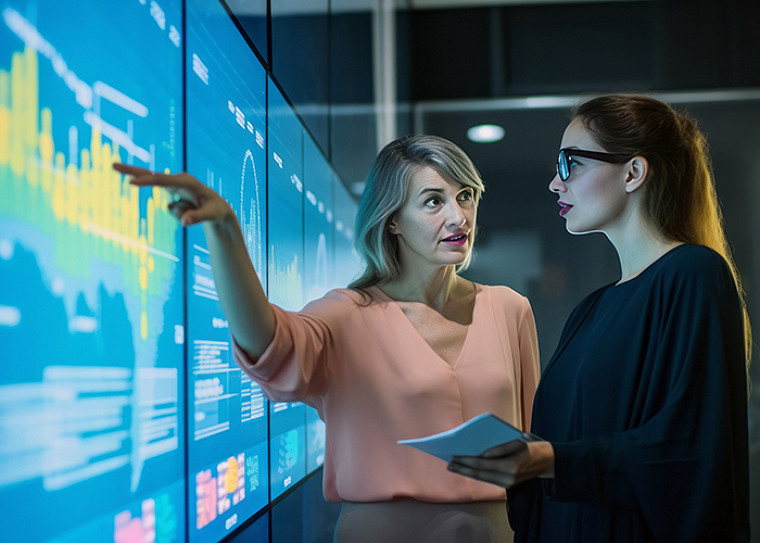 A person pointing at a graph on a screen