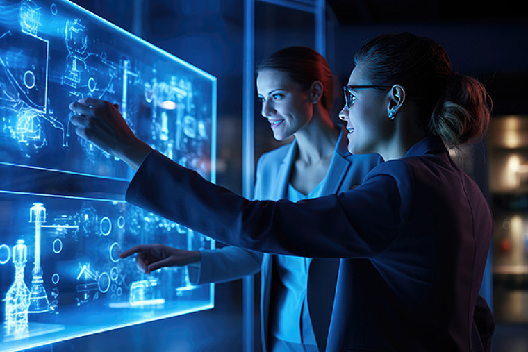 Two people are using digital display