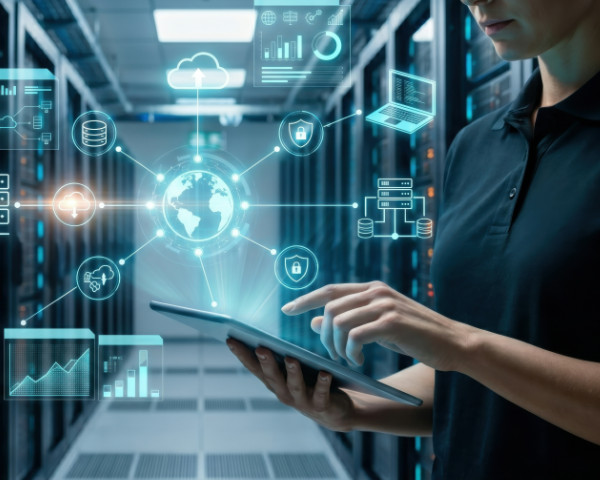 Female IT specialist in server room using tablet
