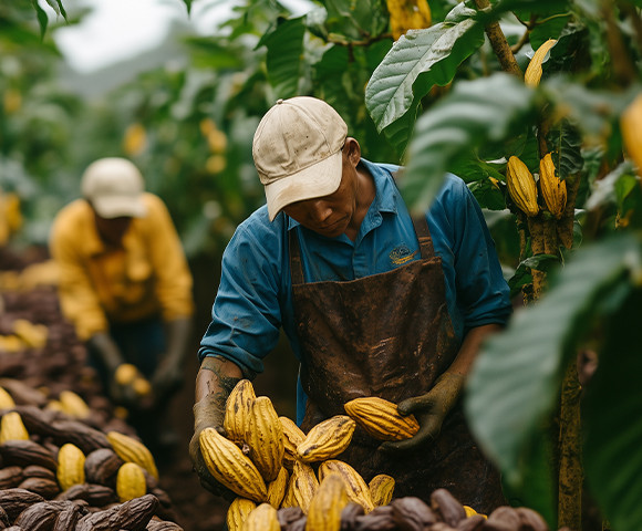 Cacao farmers working in the lush Guatemalan highlands, surrounded by vibrant greenery and mountainous terrain.
