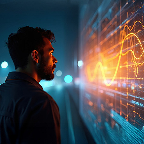 A man studying a digital screen displaying line graphs.