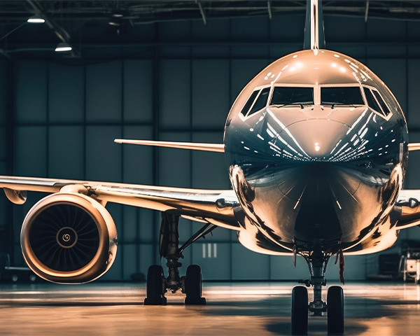 Commercial aircraft parked indoors under controlled maintenance conditions