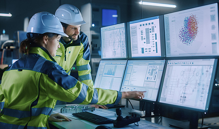 Two workers checking on the computers