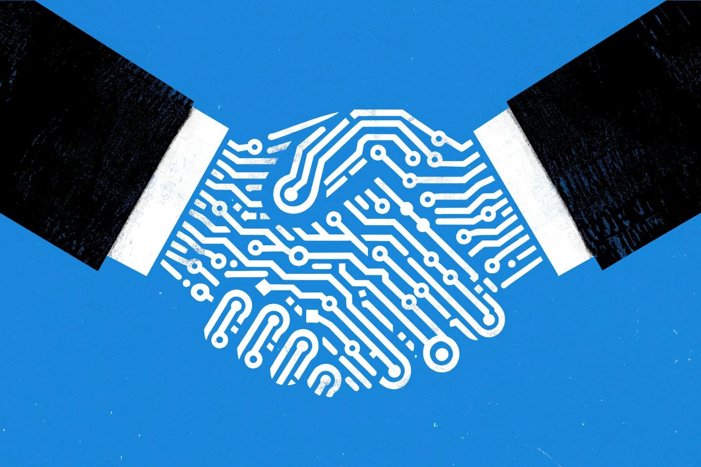 A logo of shaking hands with design of chip connection