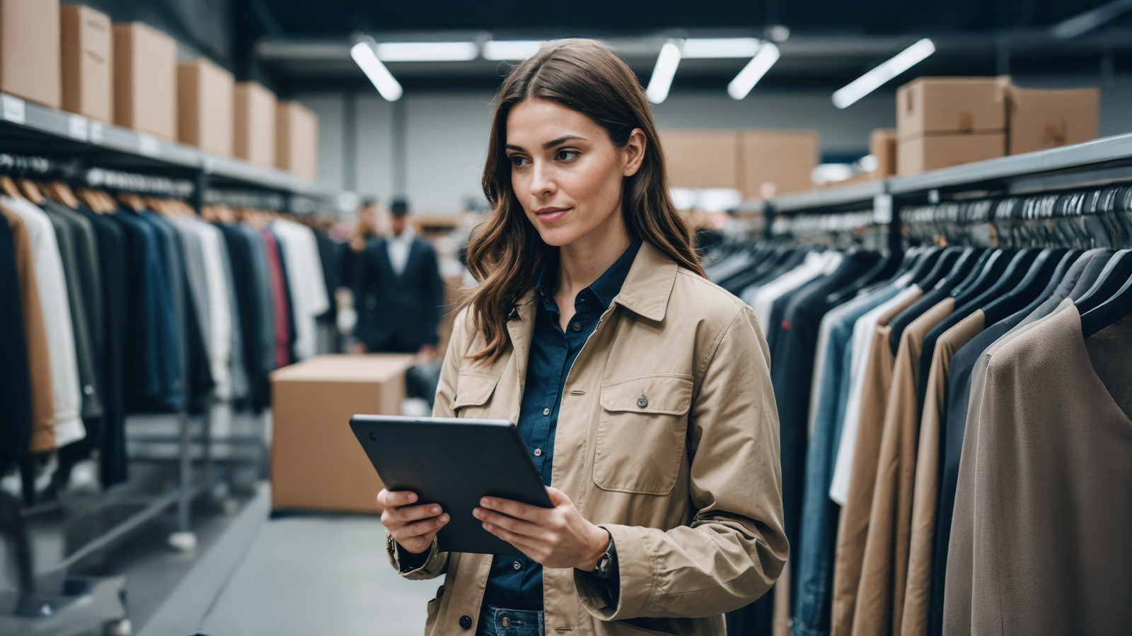 A woman managing clothing in a store using a tablet