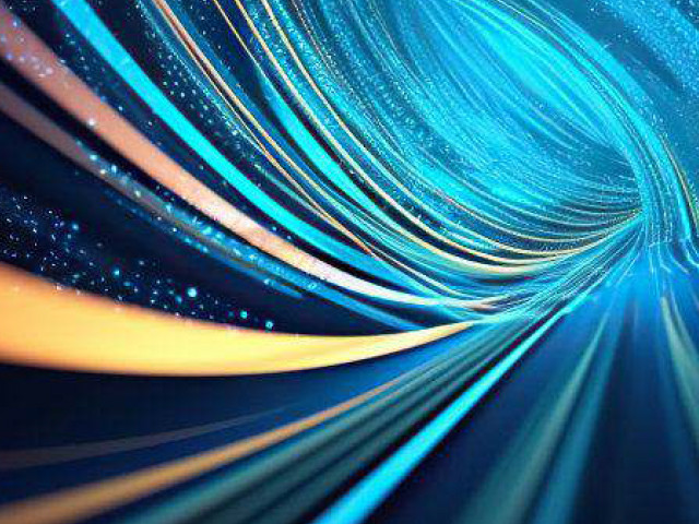 Abstract swirling blue and gold light streaks forming tunnel shape