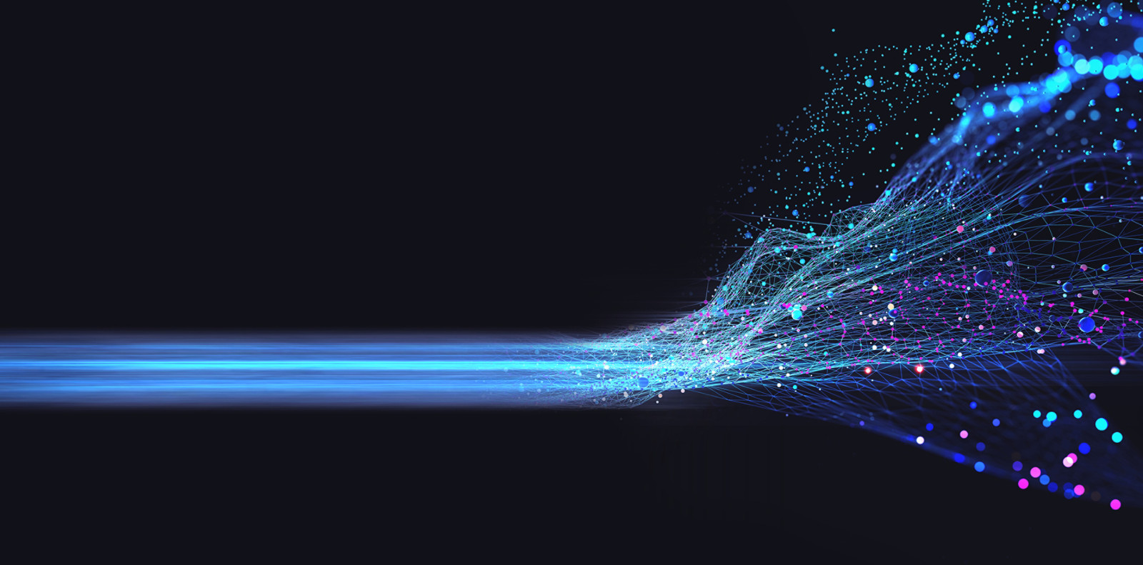 Neural network 3D illustration. Big data and cybersecurity. Data stream. Global database and artificial intelligence. Bright, colorful background with bokeh effect