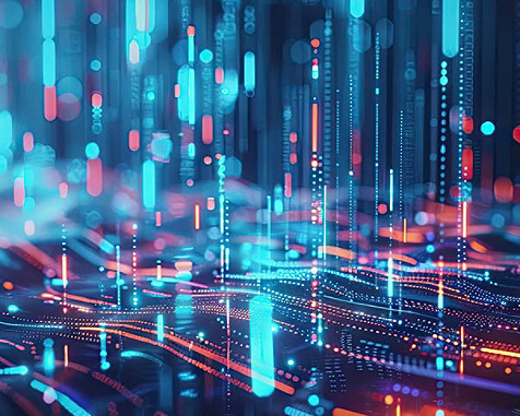 Abstract digital data streams with glowing neon network lines.