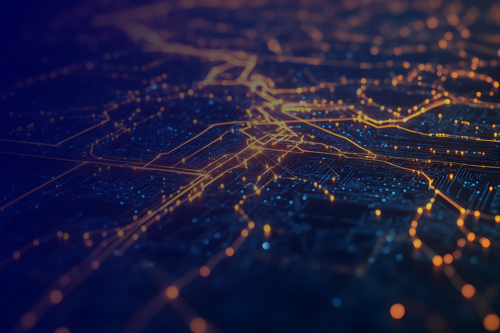 A digital representation of a city grid illuminated by network connections.