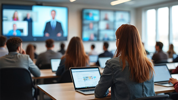 A group of young people sitting at individual desks with their laptops, facing big screen on the wall displaying some presentation