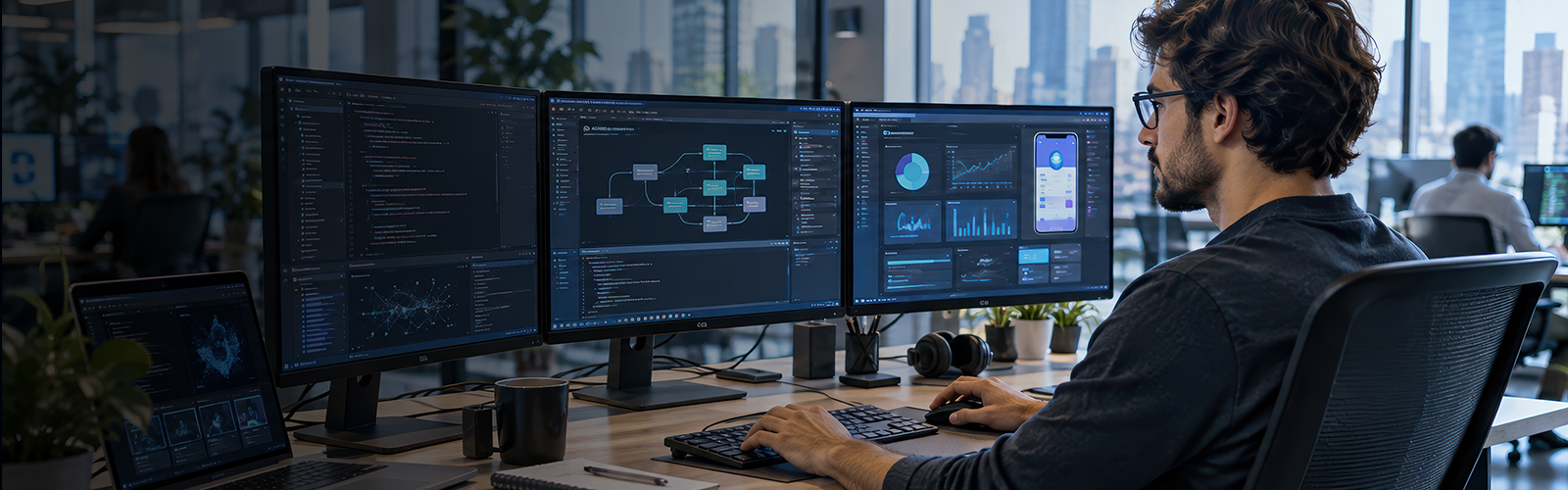 Developer monitoring AI workflows and analytics across multiple screens