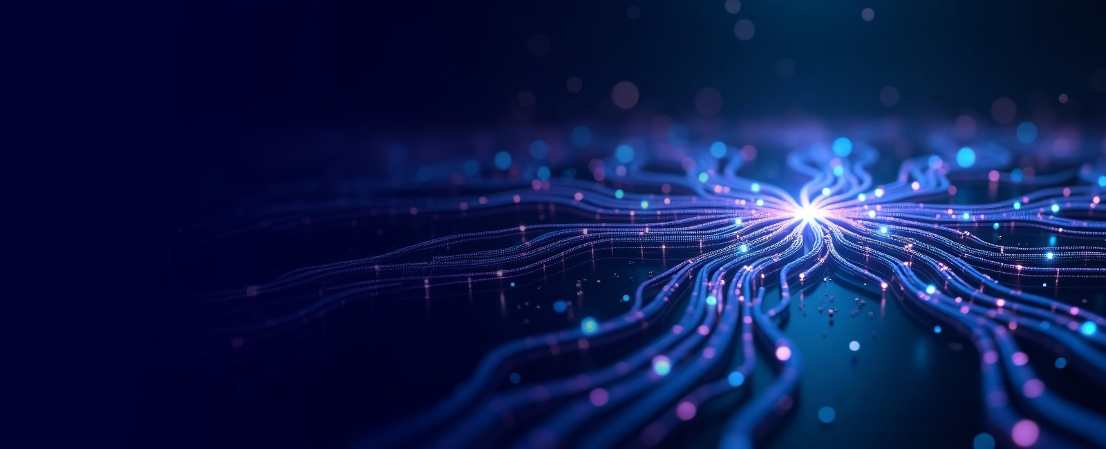 Une lumière bleue centrale brille sur un fond sombre, symbole du potentiel transformateur des pratiques métier modernes.