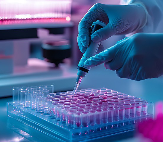 Une personne en blouse tient une seringue, symbolisant un moment de recherche pharmaceutique.