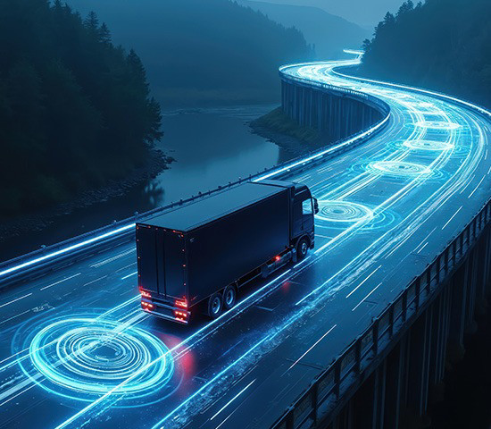 Un camion circule sur une autoroute, entouré de lignes luminescentes, illustration de l'interaction entre fabrication et logistique.