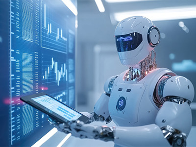 Un robot sosteniendo una tablet y parado frente a una gran pantalla digital