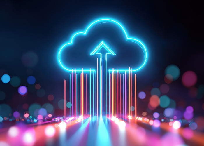 Abstract image of colorful lights heading towards a neon cloud