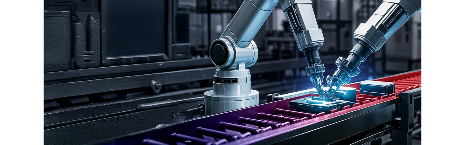 Robotic arms working on hardware device on an assembly line.