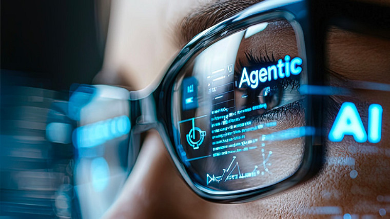 Close-up of smart glasses displaying AI interface and agentic AI technology.