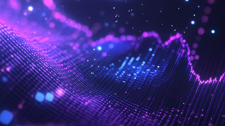 Abstract purple and blue data waves visualizing AI-driven analytics and digital intelligence.