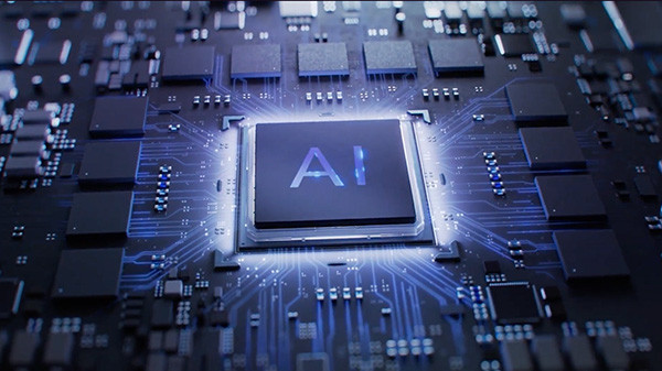 AI processor chip glowing on a circuit board with connected electronic components.
