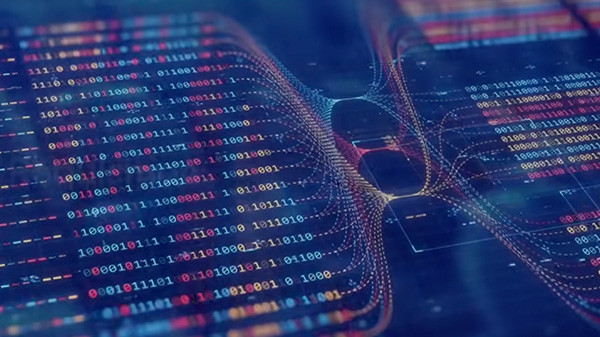 Abstract digital data streams and binary code flowing through an AI-powered network.