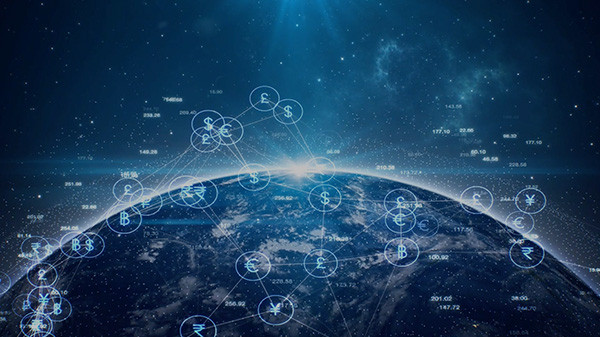 Global digital finance network connecting currencies and data across the world.