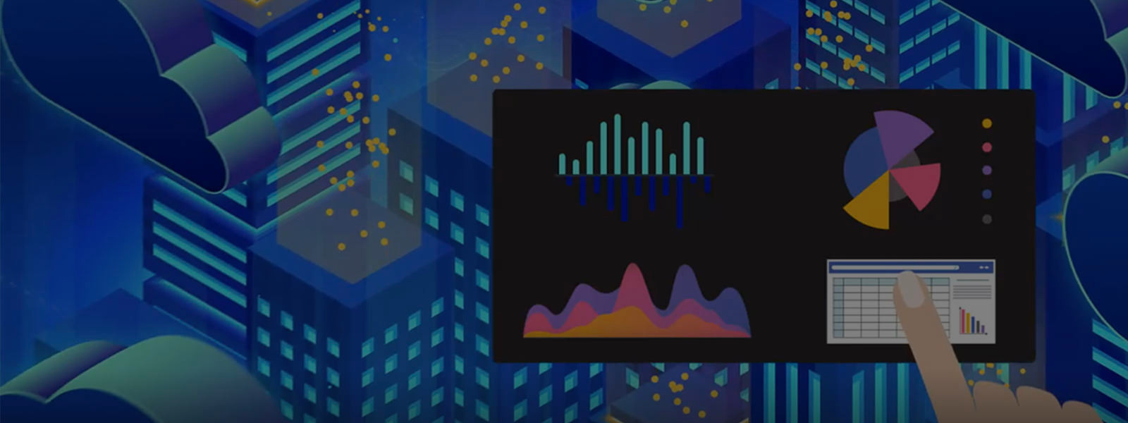 A graphical cityscape on background and a graphical representation of a touch-screen on foreground