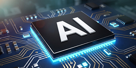 AI processor chip on a digital circuit board, representing artificial intelligence technology.