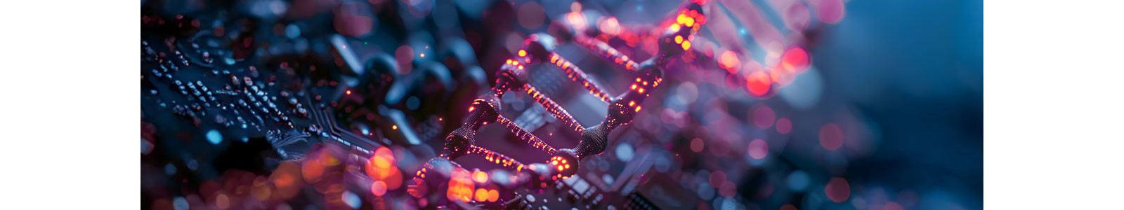 Enlarged DNA helix model in blue and pink neon light on dark background