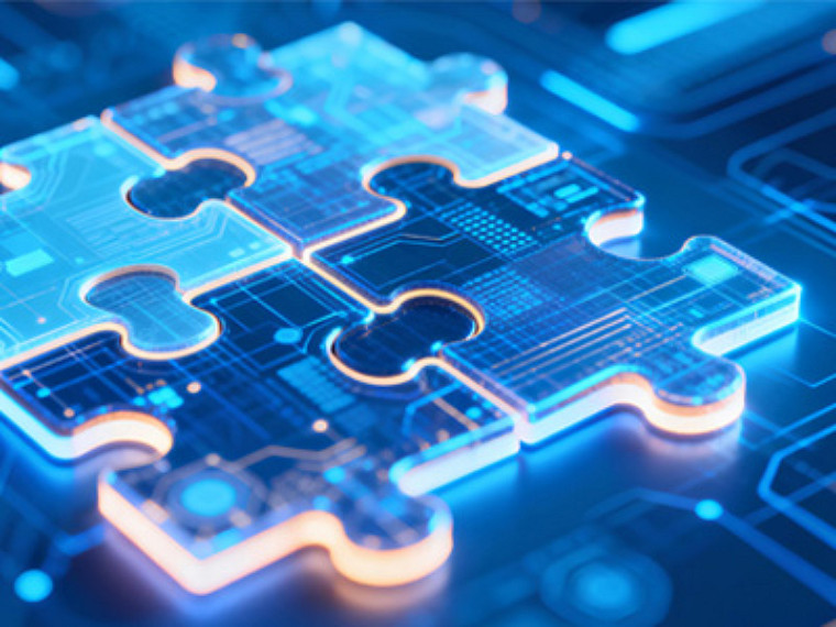 Glowing digital puzzle pieces over circuit board symbolize AI modernization
