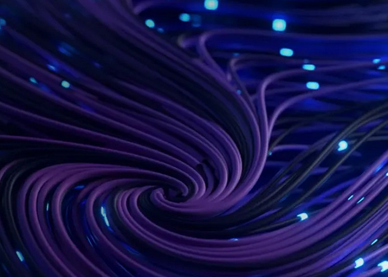 Abstract purple blue swirling lines with glowing nodes resembling data