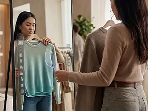 A woman stands in front of a mirror, gazing at her reflection with a thoughtful expression.
