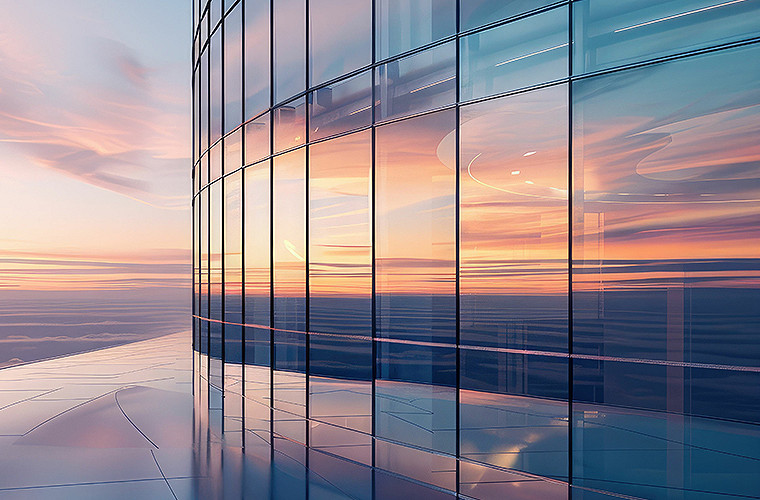 Reflection of the sky and clouds on the glass facade of a skyscraper